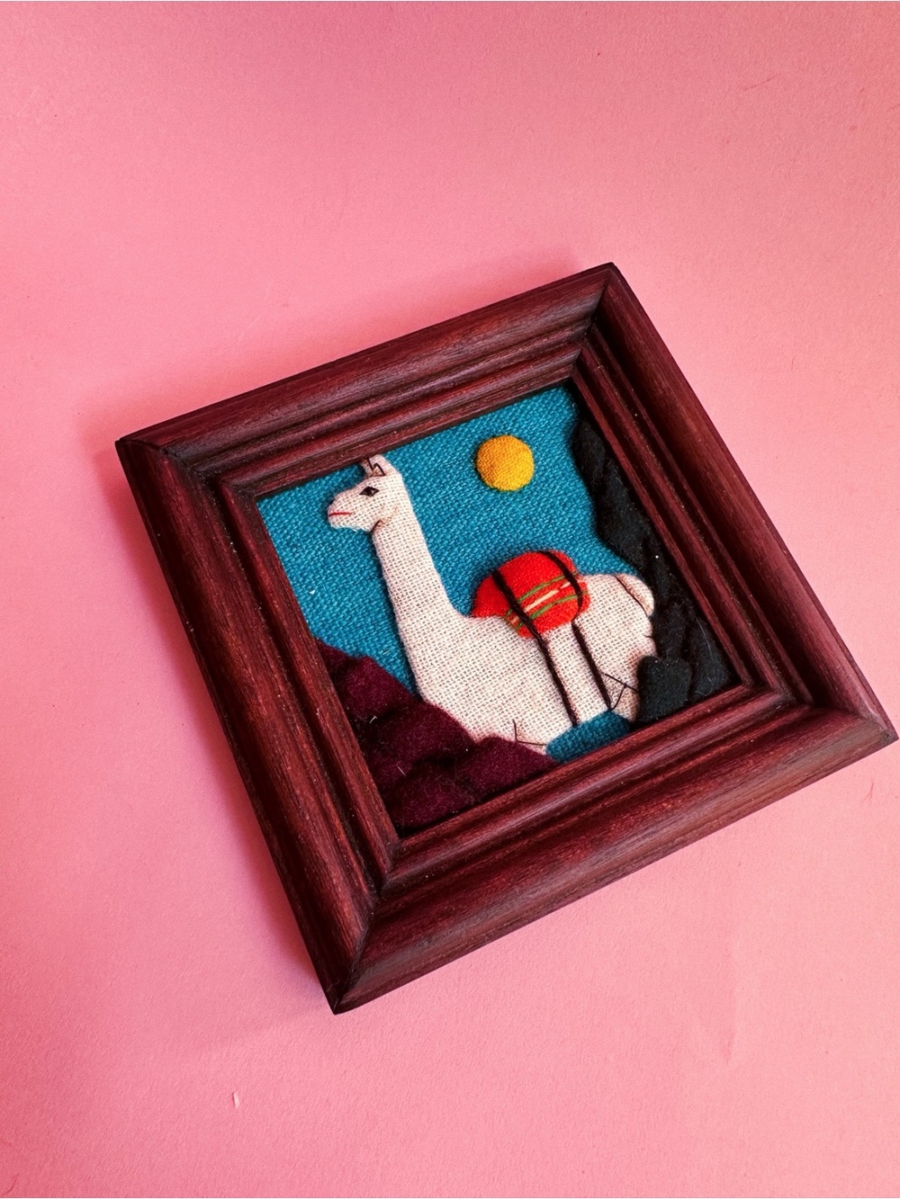 Vintage Embroidered Llama In Tino Handcrafted Brown Wood Photo Frame
